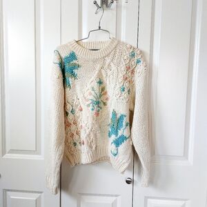 90s Cream Peach Teal Chunky Granny Sweater‎ Large Rafferty Cottagecore Cableknit